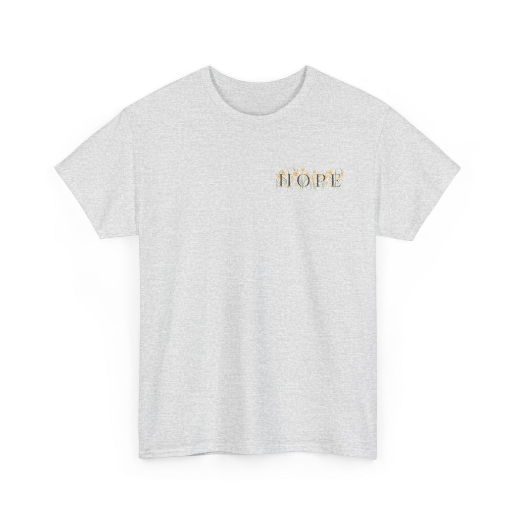 Ash Gray Front of Christian t-shirt featuring yellow daffodils and the word HOPE in elegant serif lettering inspired by Ephesians 1:18.