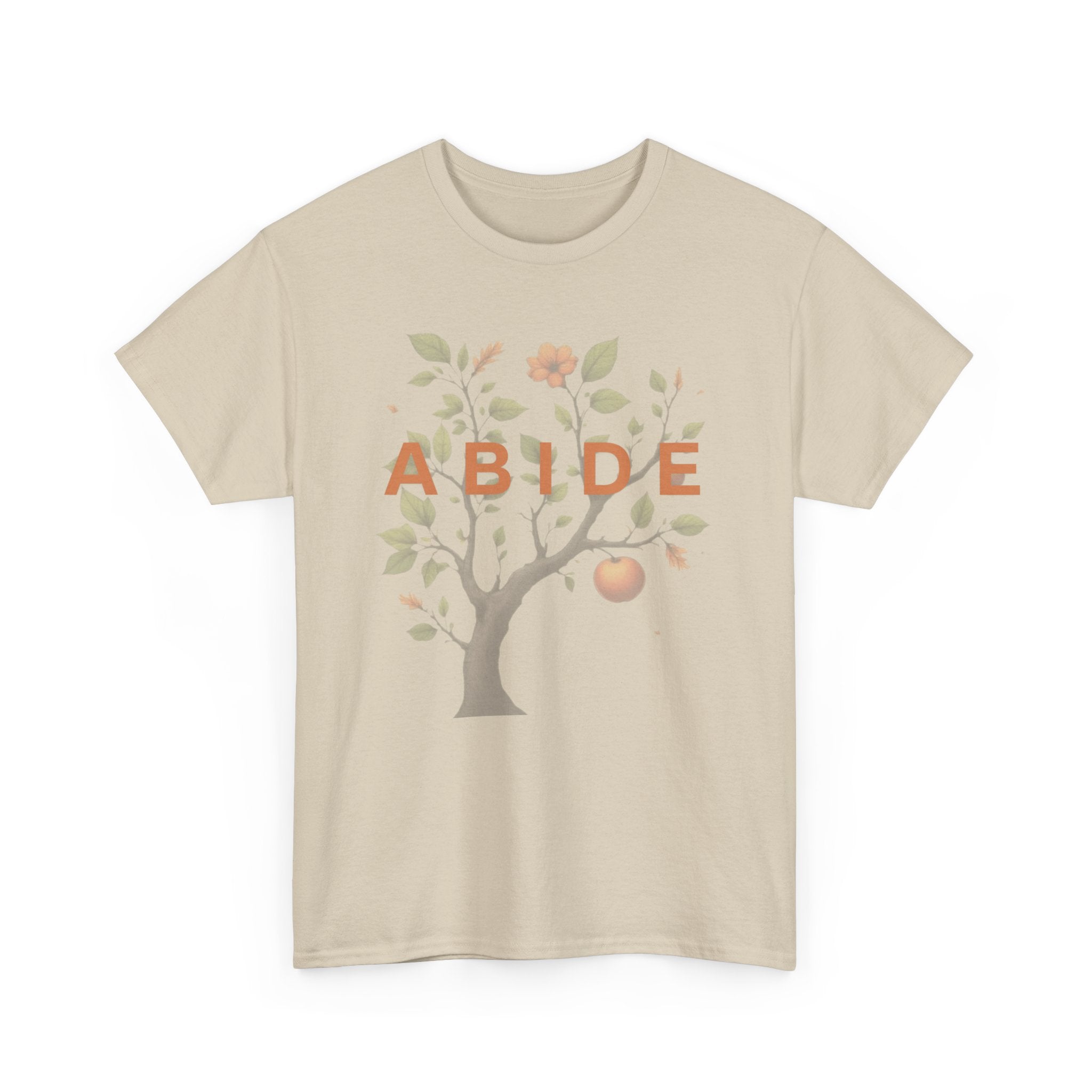 Faith-based “ABIDE” graphic t-shirt with tree, leaves, and fruit illustration on a beige tee inspired by John 15.
