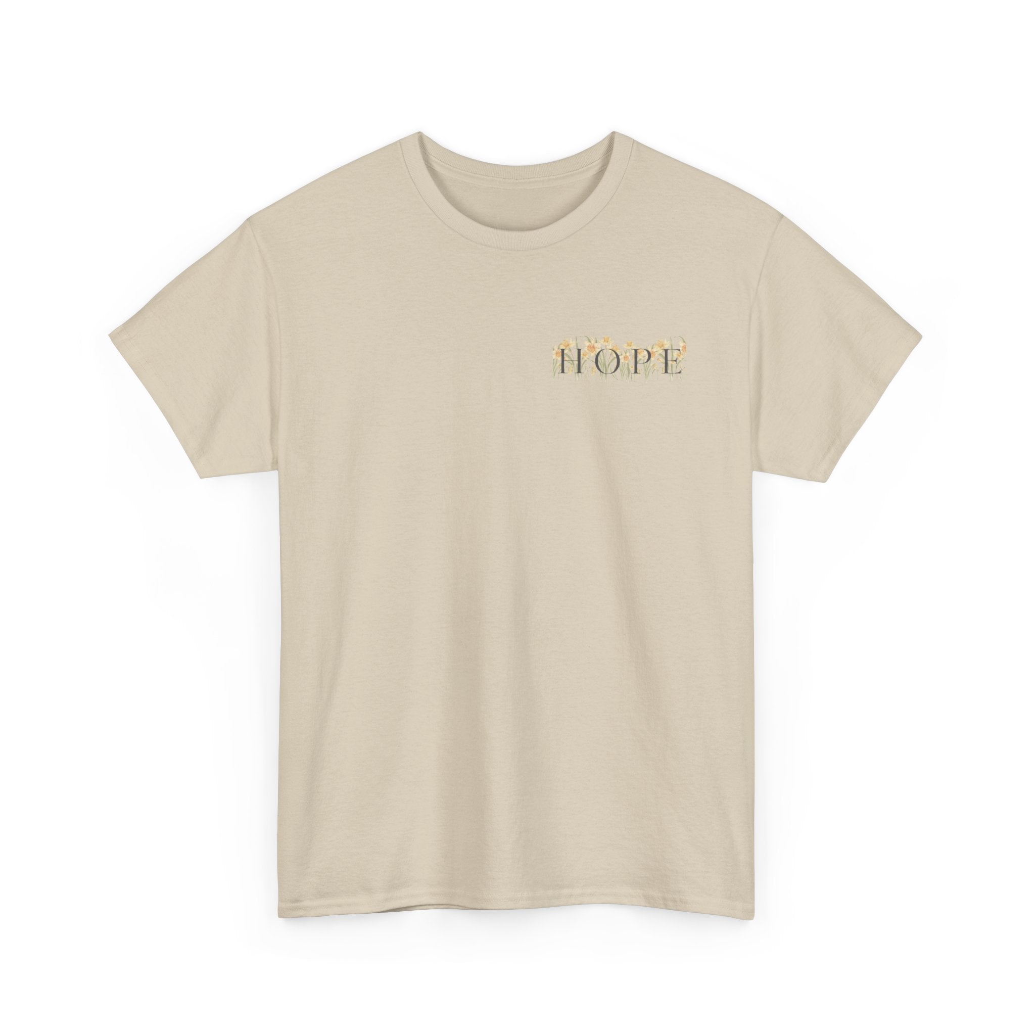 Beige Front of Christian t-shirt featuring yellow daffodils and the word HOPE in elegant serif lettering inspired by Ephesians 1:18.