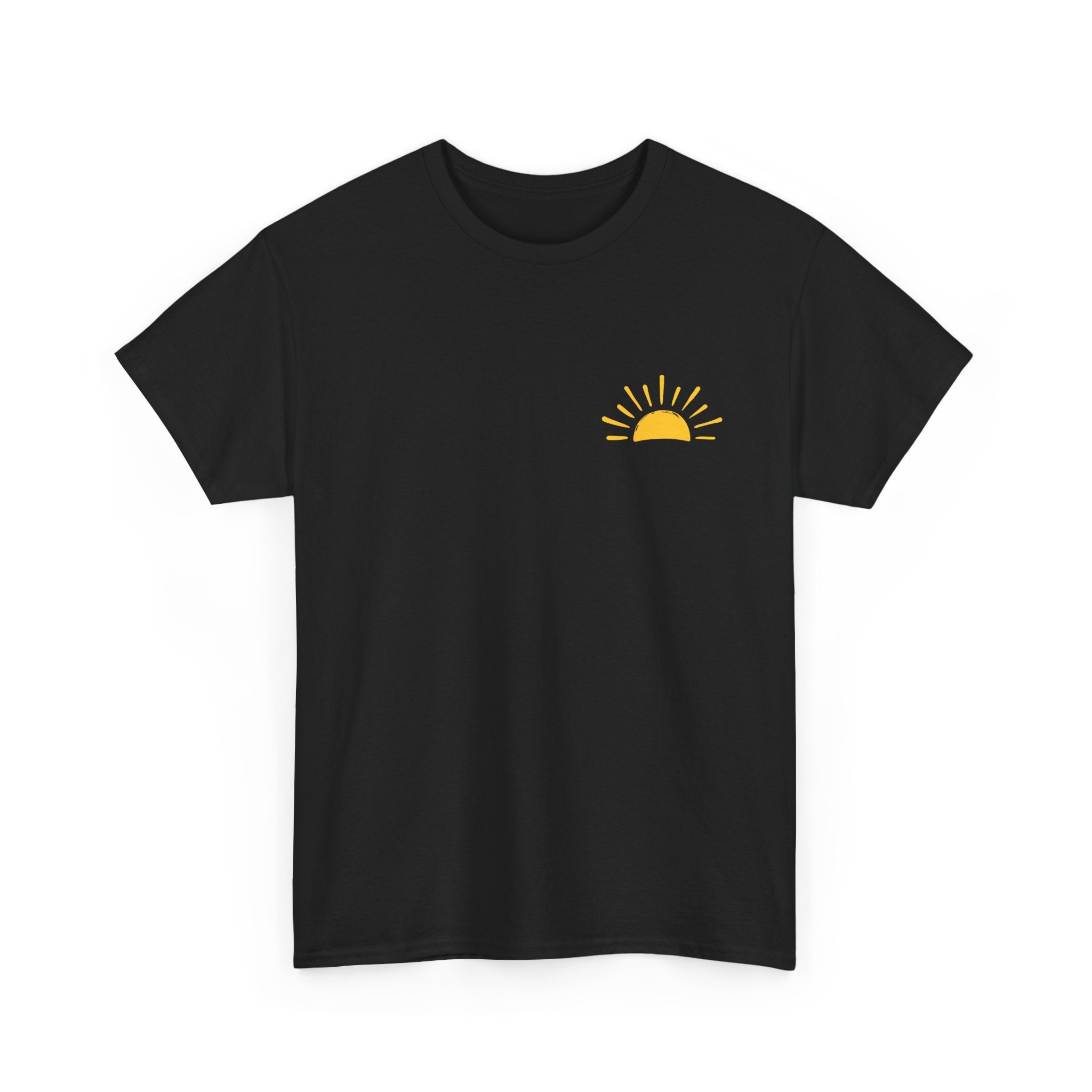 Black Front Christian t-shirt with yellow sunshine graphic and “Be Their Light” John 1:5 Bible verse design