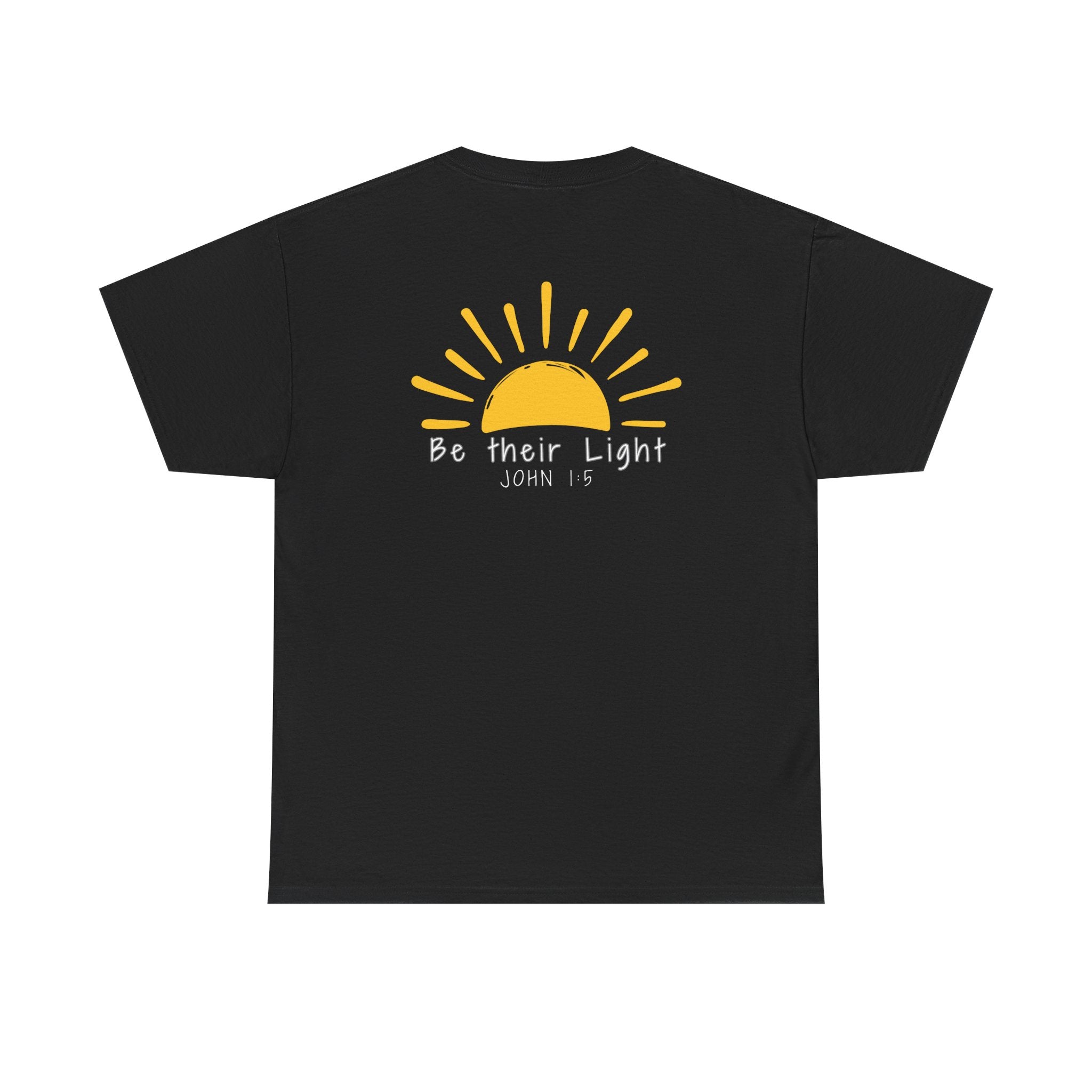 Black Christian t-shirt with yellow sunshine graphic and “Be Their Light” John 1:5 Bible verse design