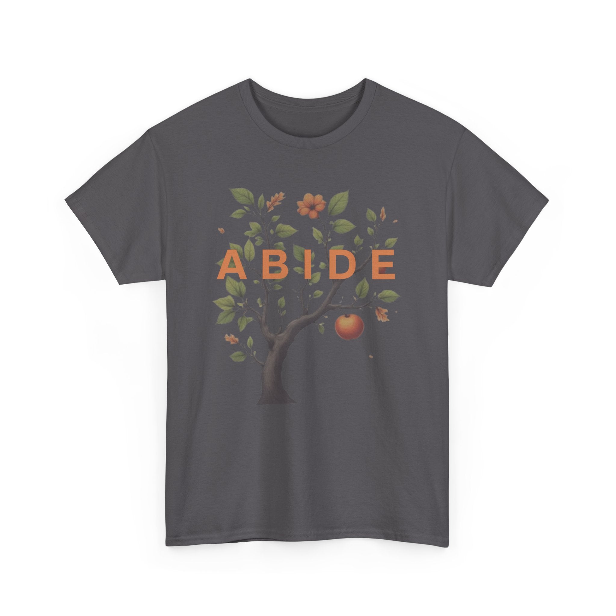 Faith-based “ABIDE” graphic t-shirt with tree, leaves, and fruit illustration on a dark gray tee inspired by John 15.