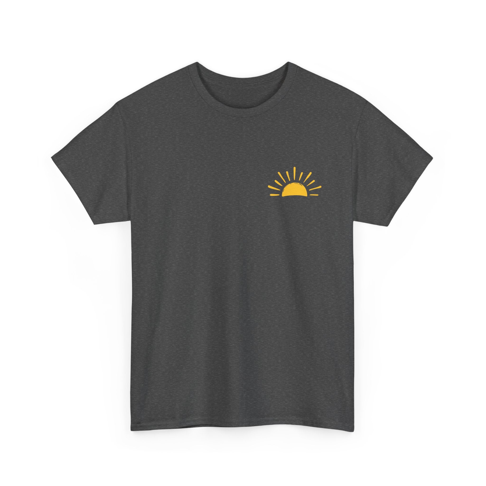 Charcoal Christian t-shirt with yellow sunshine graphic and “Be Their Light” John 1:5 Bible verse design