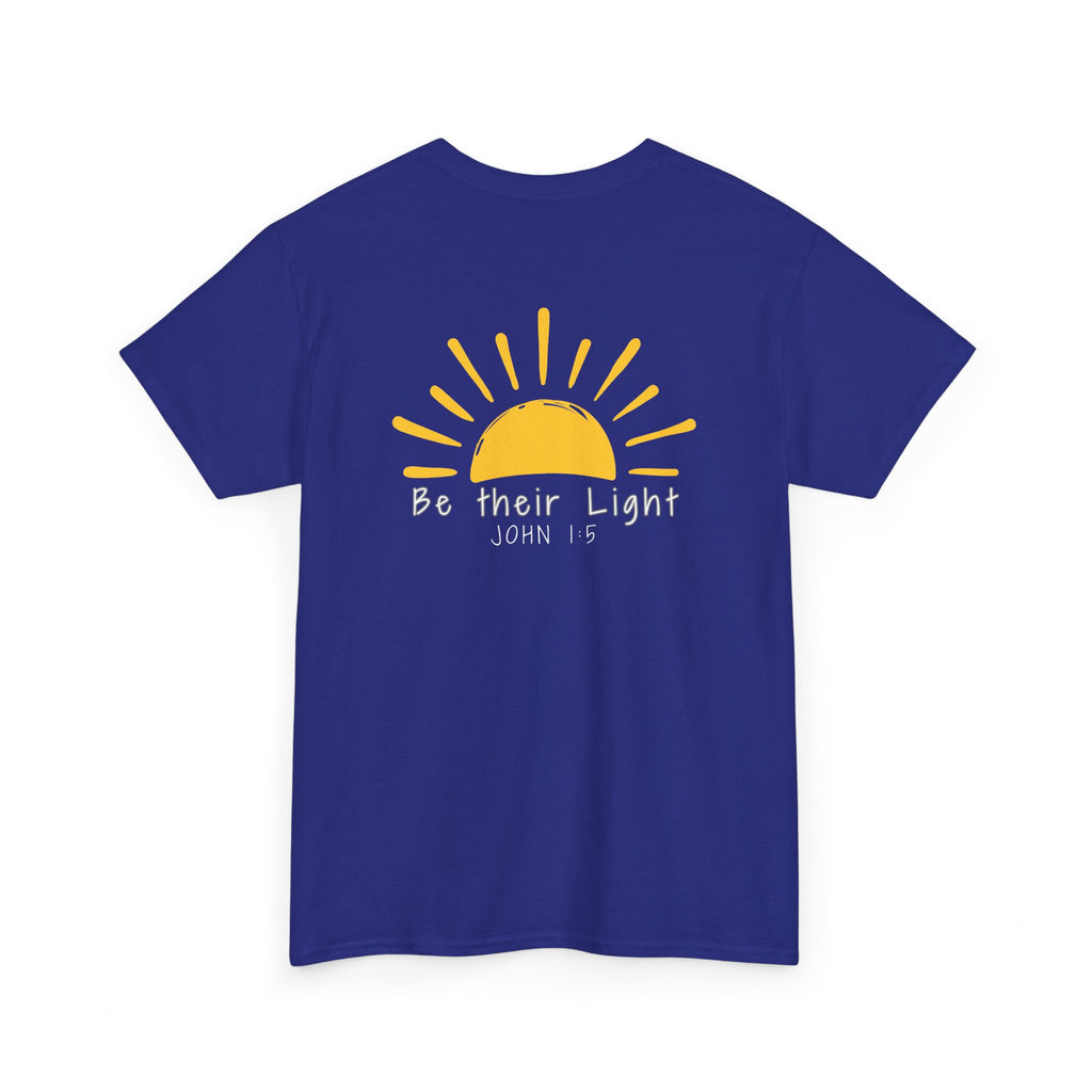 Cobalt blue Christian t-shirt with yellow sunshine graphic and “Be Their Light” John 1:5 Bible verse design