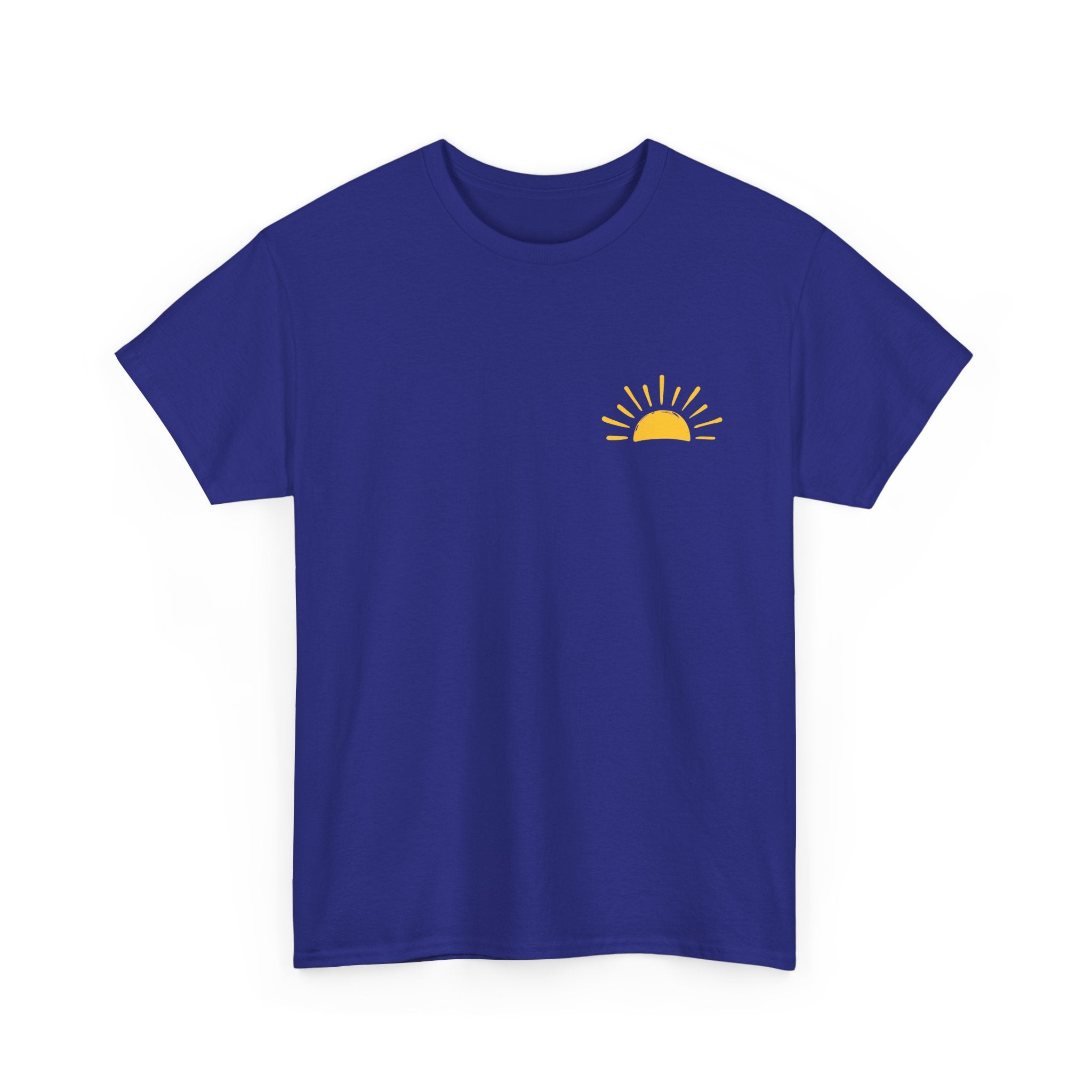 Front of cobalt blue Christian t-shirt with yellow sunshine graphic and “Be Their Light” John 1:5 Bible verse design