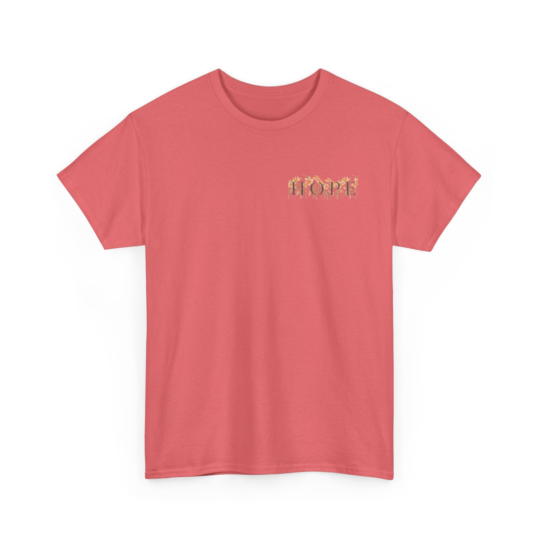 Coral Front of Christian t-shirt featuring yellow daffodils and the word HOPE in elegant serif lettering inspired by Ephesians 1:18.
