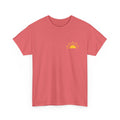 Front of Coral Christian t-shirt with yellow sunshine graphic and “Be Their Light” John 1:5 Bible verse design.