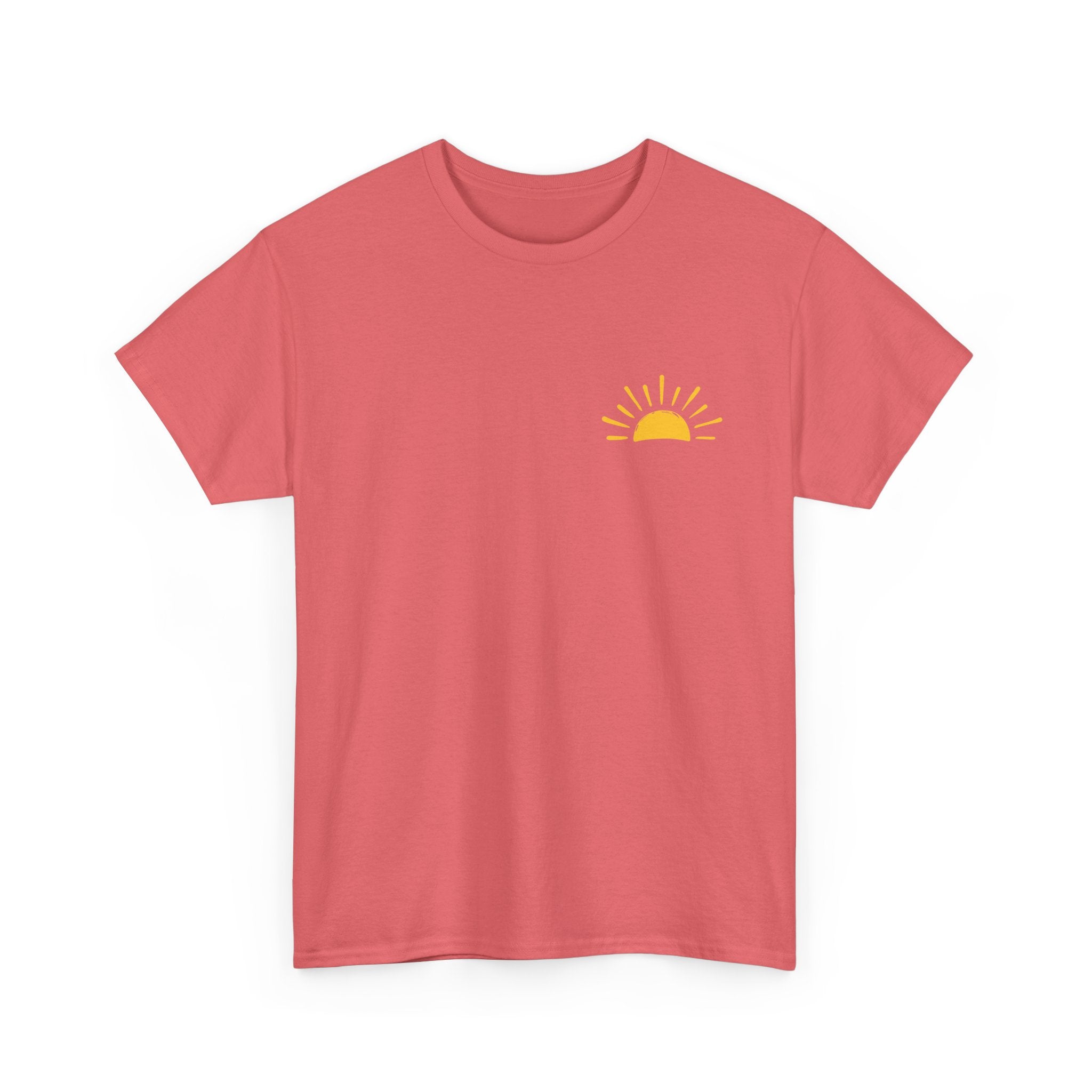Front of Coral Christian t-shirt with yellow sunshine graphic and “Be Their Light” John 1:5 Bible verse design.