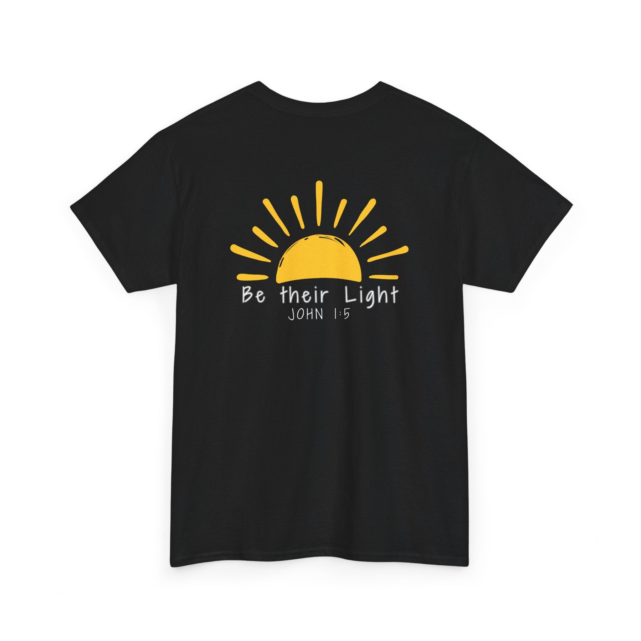 Dark Gray Christian t-shirt with yellow sunshine graphic and “Be Their Light” John 1:5 Bible verse design