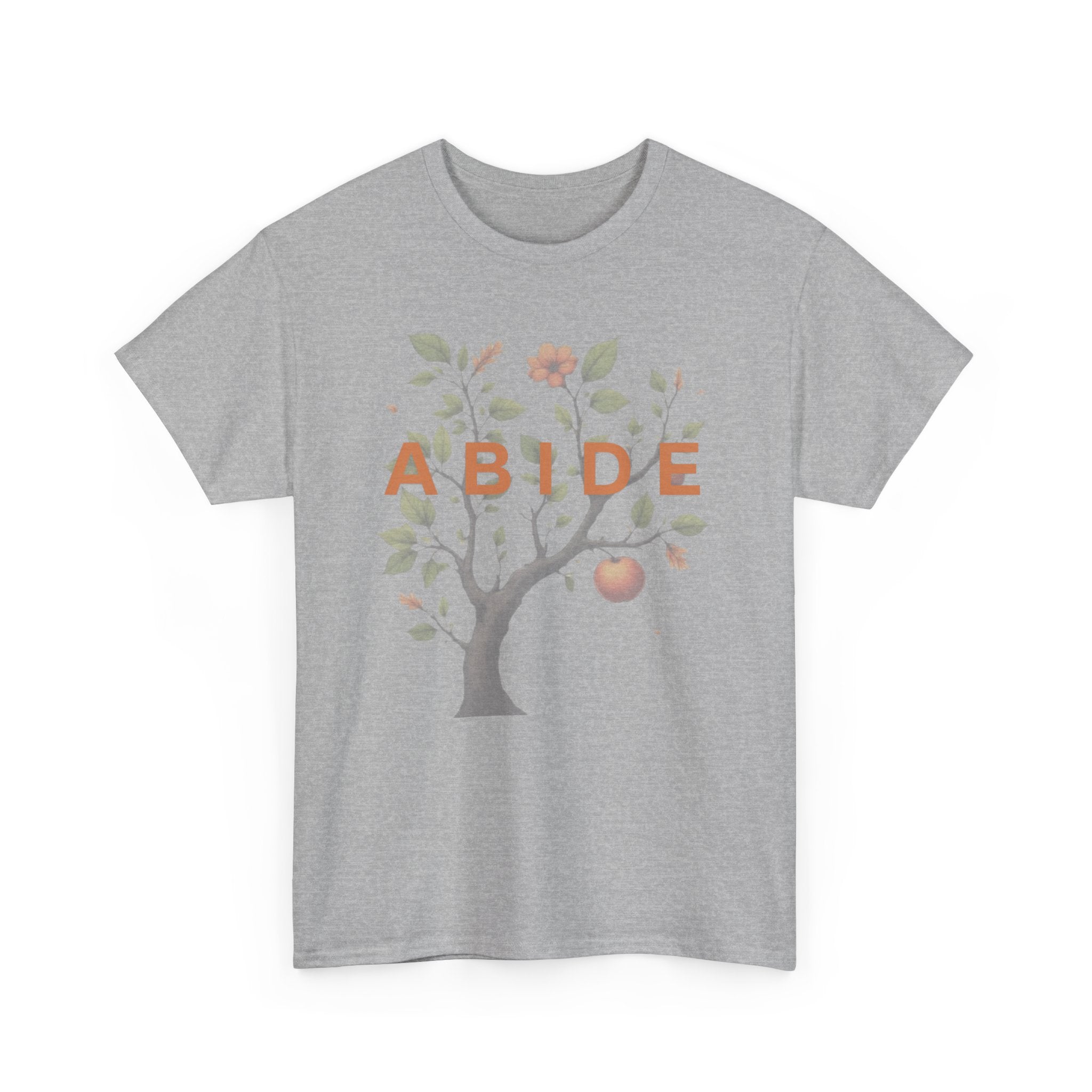 Faith-based “ABIDE” graphic t-shirt with tree, leaves, and fruit illustration on a gray tee inspired by John 15.
