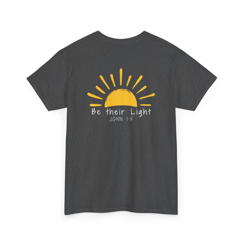 Gray Christian t-shirt with yellow sunshine graphic and “Be Their Light” John 1:5 Bible verse design