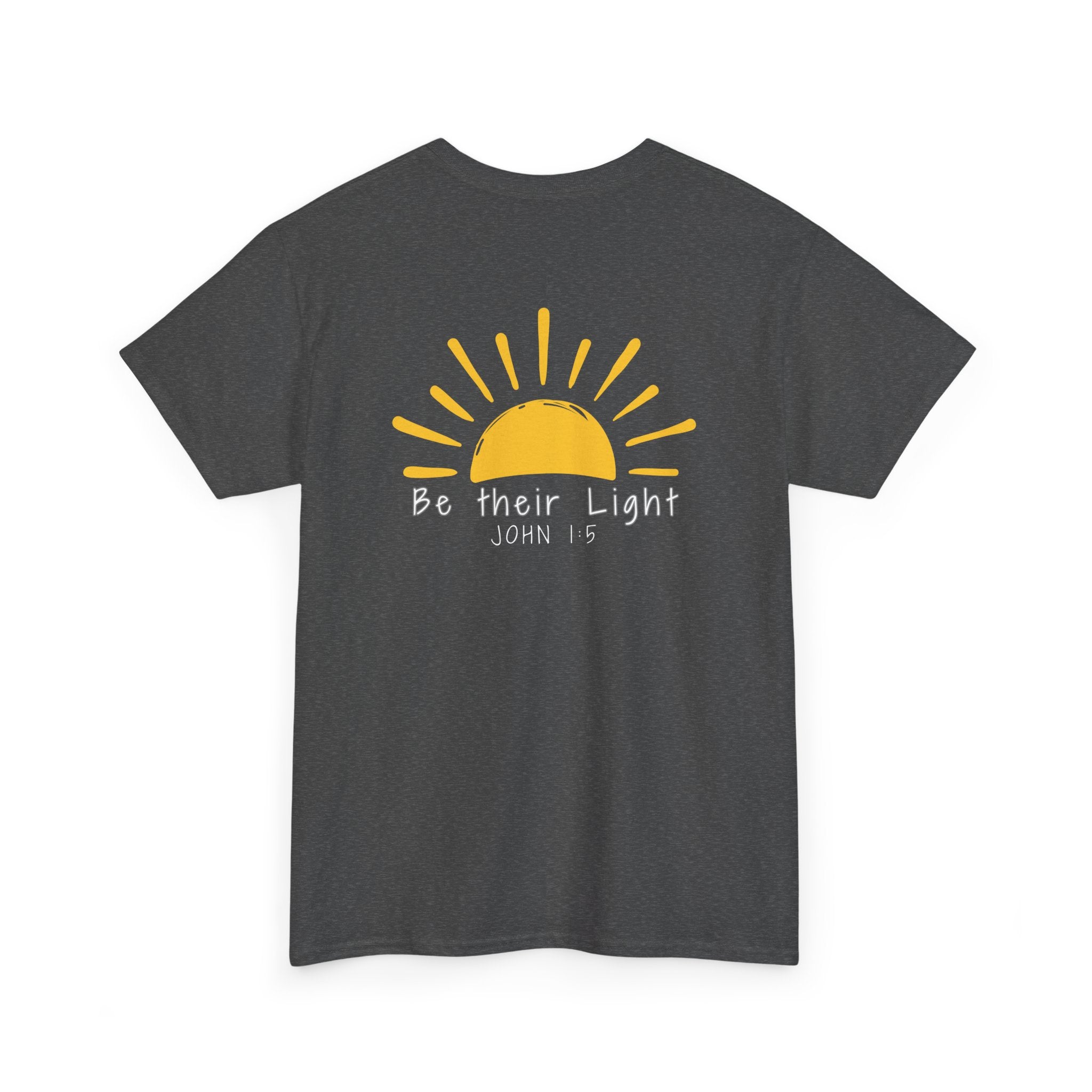 Gray Christian t-shirt with yellow sunshine graphic and “Be Their Light” John 1:5 Bible verse design