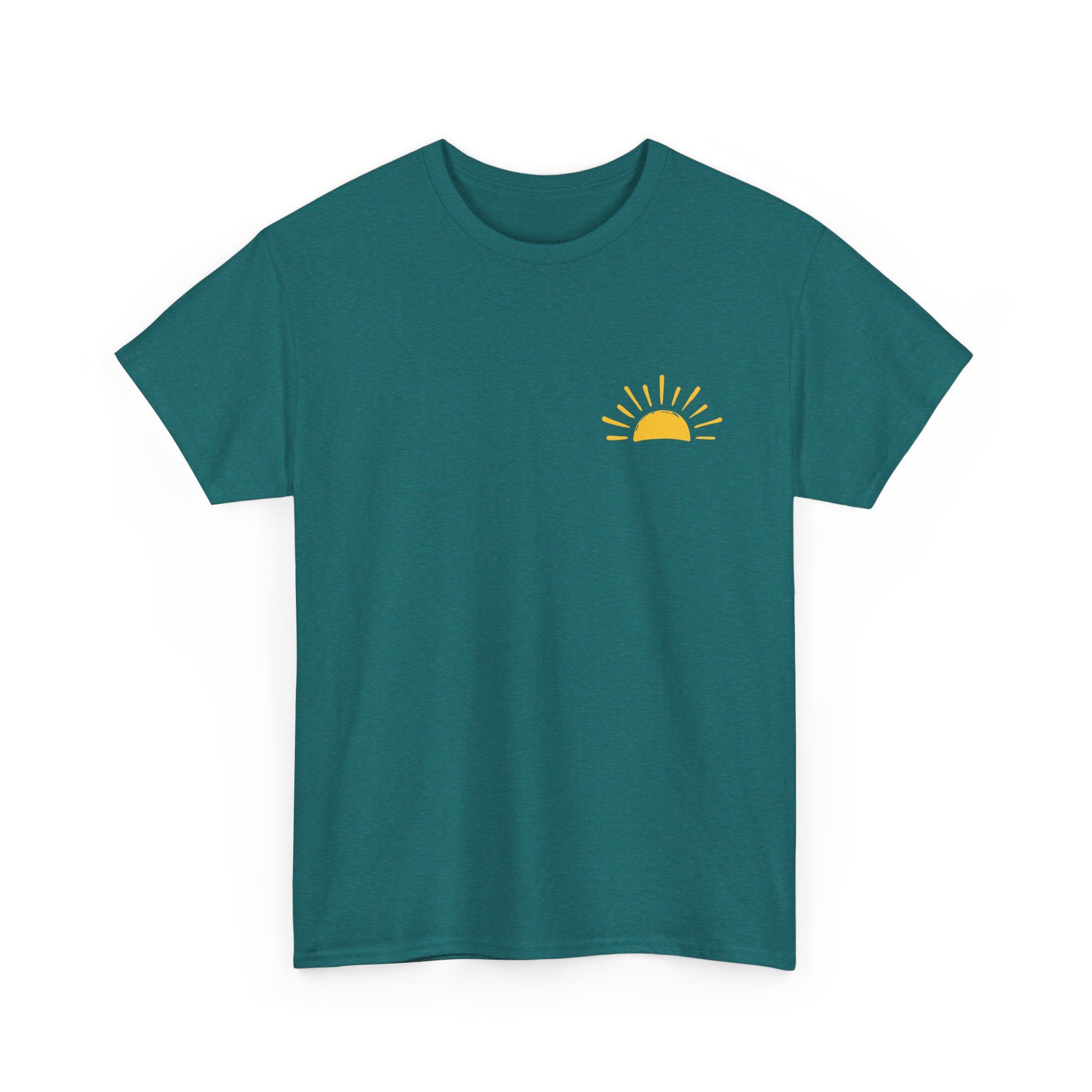 Jade Christian t-shirt with yellow sunshine graphic and “Be Their Light” John 1:5 Bible verse design