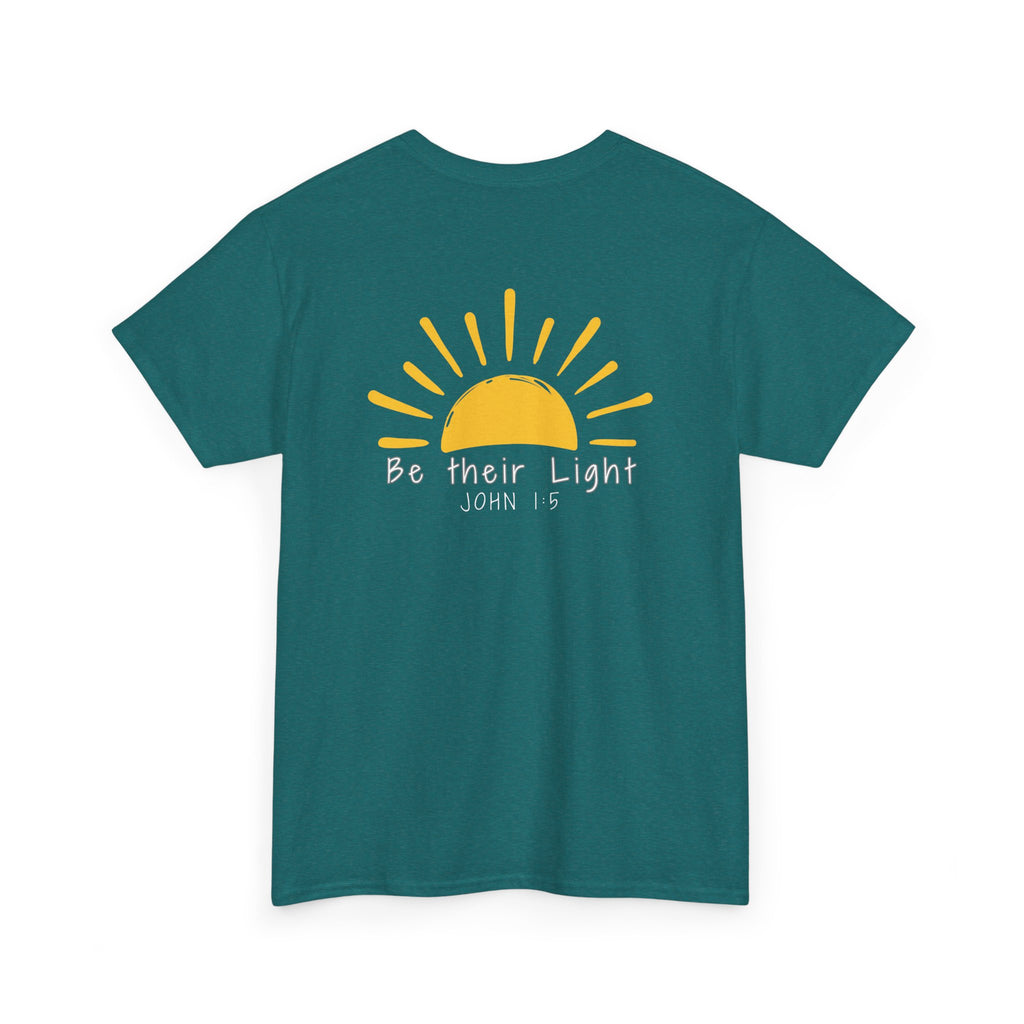 Back of navy blue Christian t-shirt with yellow sunshine graphic and “Be Their Light” John 1:5 Bible verse design