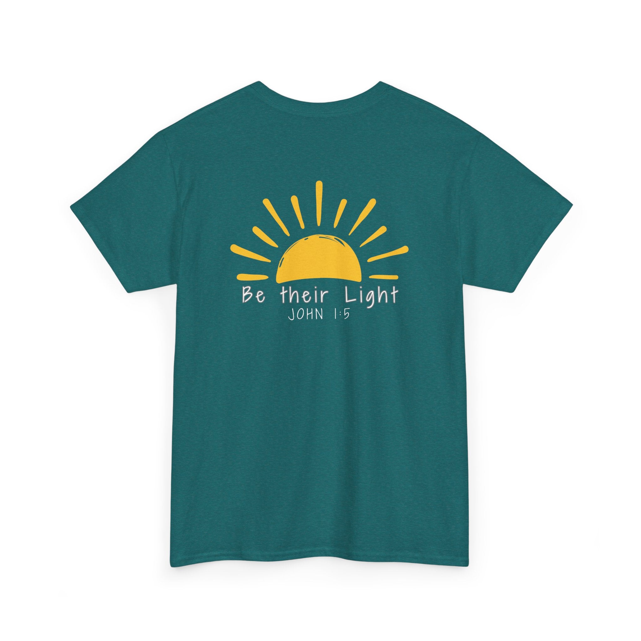Back of navy blue Christian t-shirt with yellow sunshine graphic and “Be Their Light” John 1:5 Bible verse design