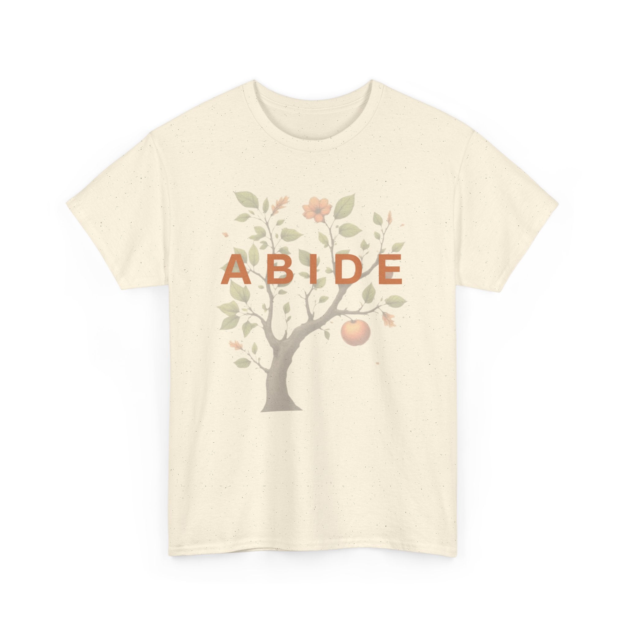 Faith-based “ABIDE” graphic t-shirt with tree, leaves, and fruit illustration on a natural tee inspired by John 15.