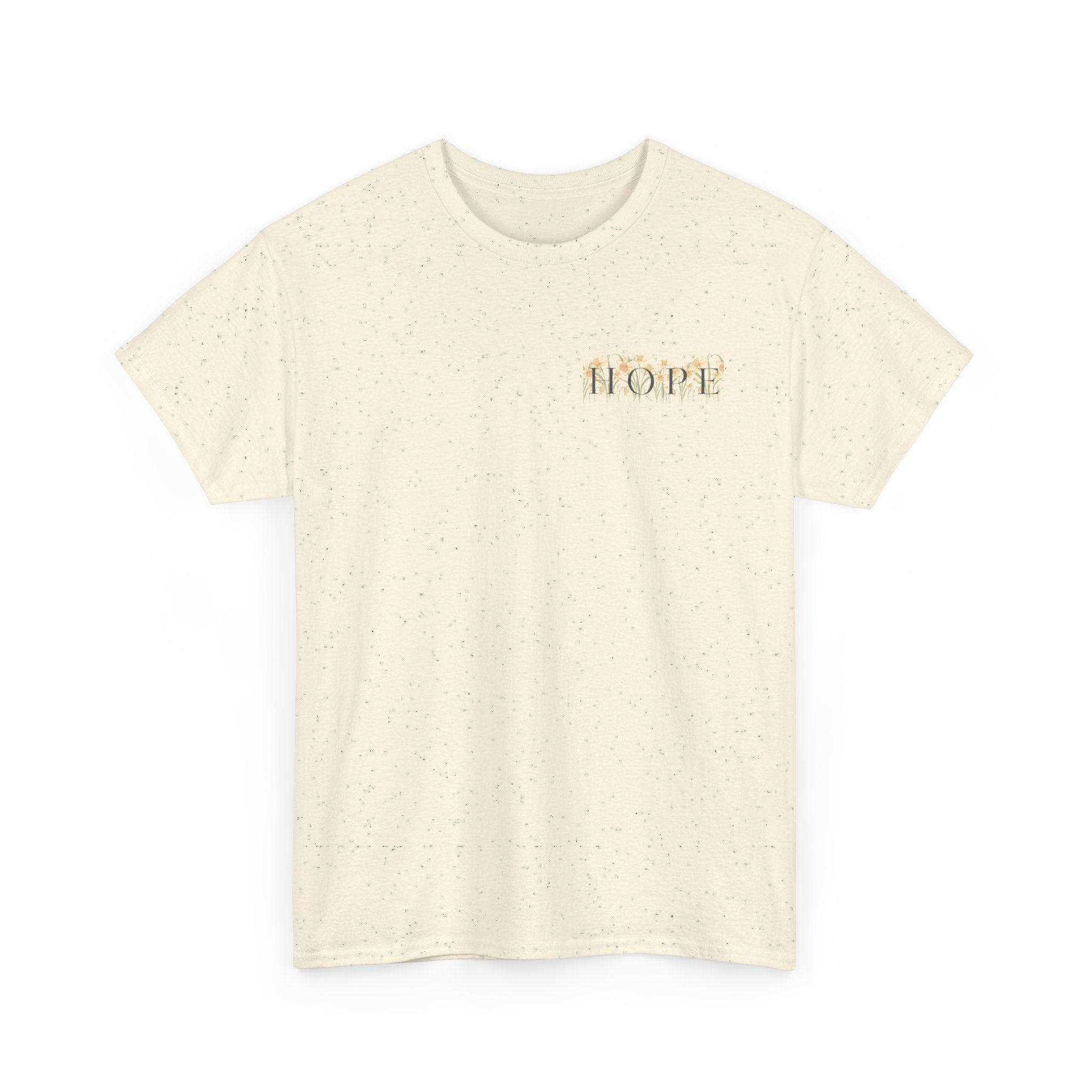 Natural Front of Christian t-shirt featuring yellow daffodils and the word HOPE in elegant serif lettering inspired by Ephesians 1:18.