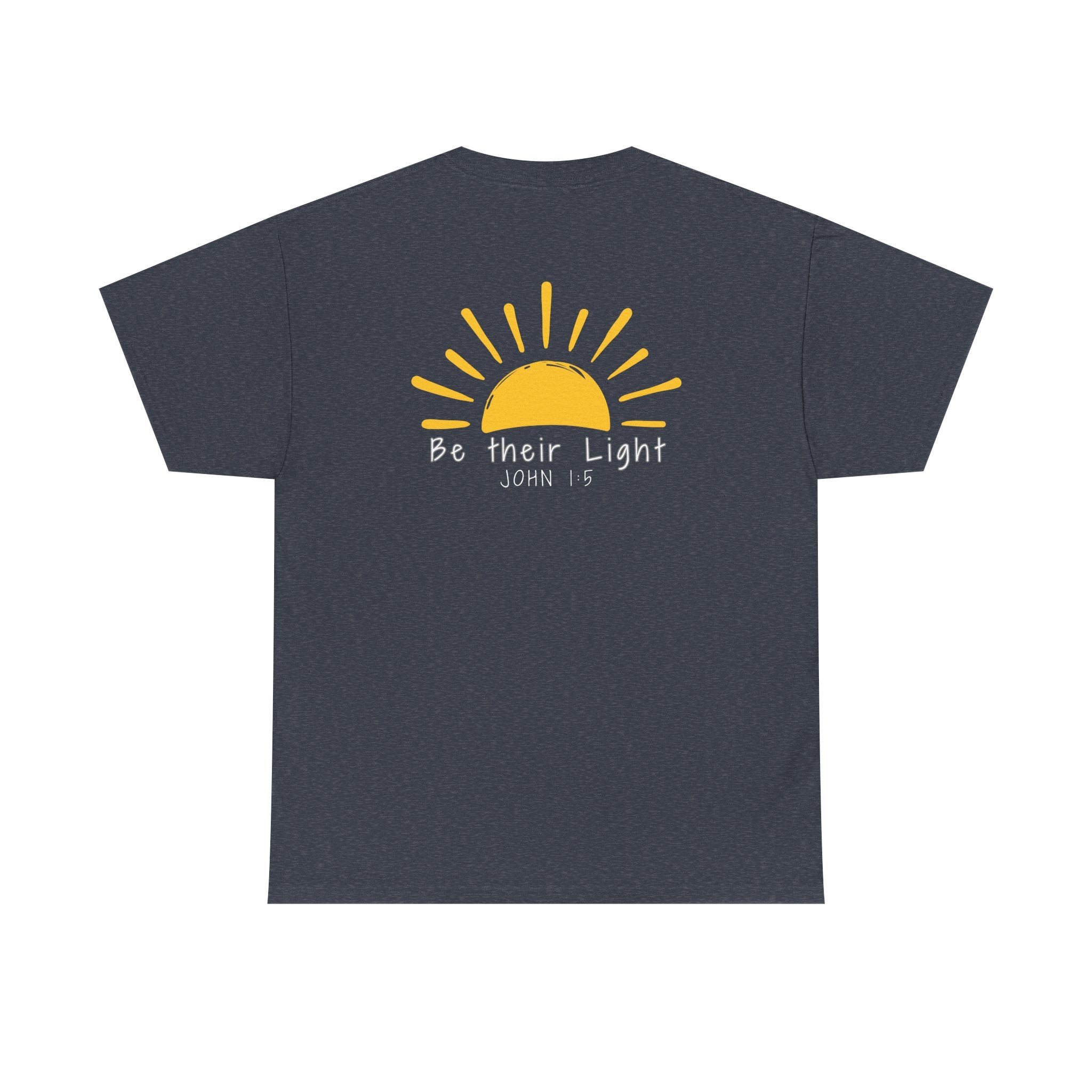 Navy blue Christian t-shirt with yellow sunshine graphic and “Be Their Light” John 1:5 Bible verse design