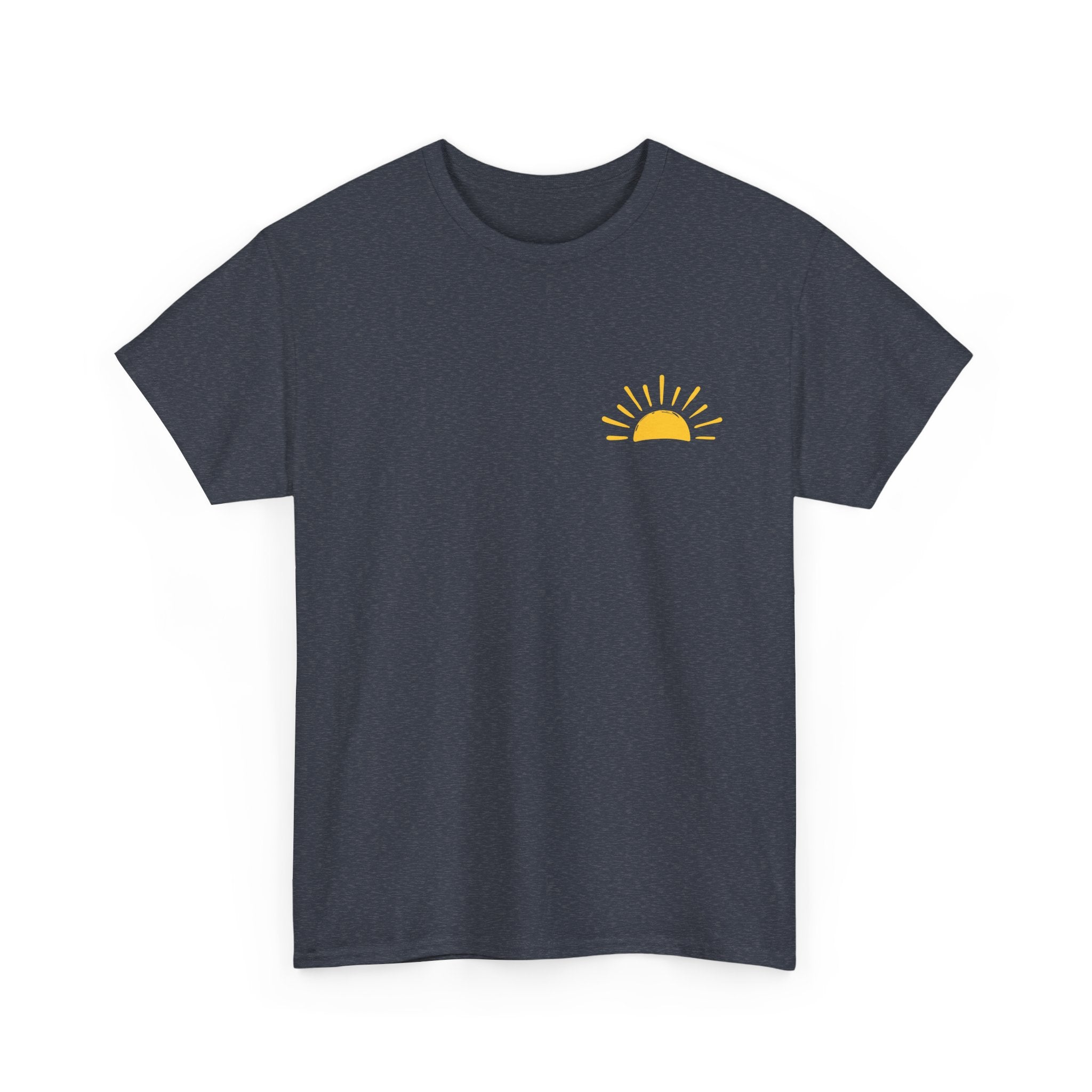 Navy blue Christian t-shirt with yellow sunshine graphic and “Be Their Light” John 1:5 Bible verse design