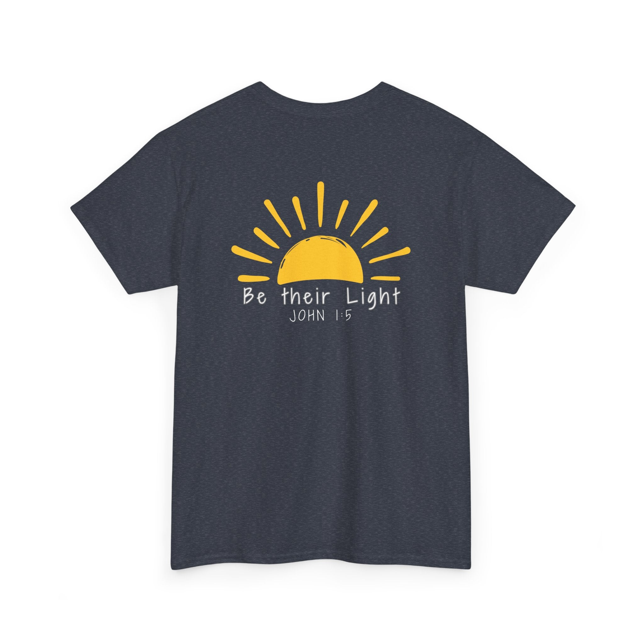 Back of navy blue Christian t-shirt with yellow sunshine graphic and “Be Their Light” John 1:5 Bible verse design