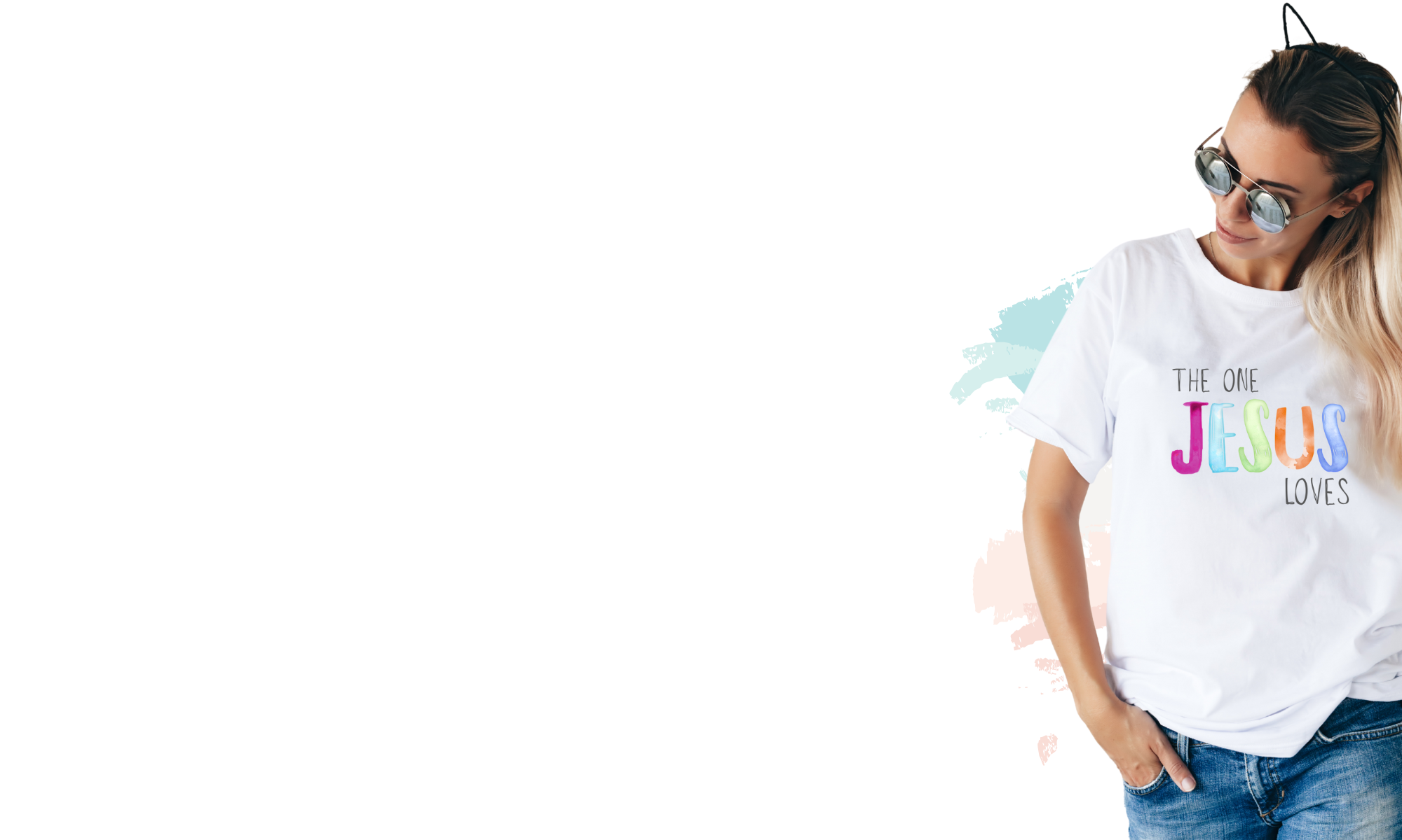 Woman wearing “The One Jesus Loves” Christian t-shirt by A Moved Heart Collective, standing against a white background