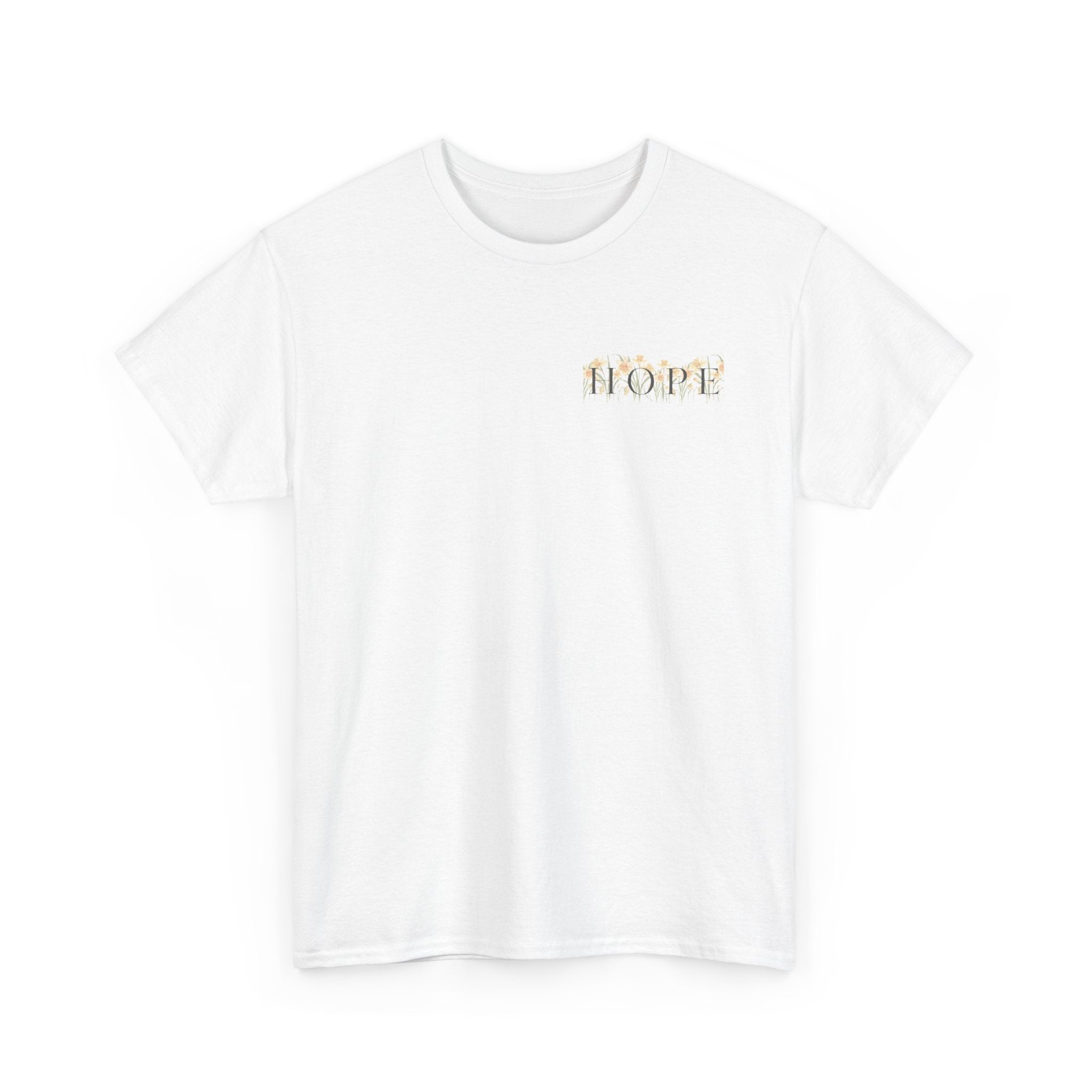 White Front of Christian t-shirt featuring yellow daffodils and the word HOPE in elegant serif lettering inspired by Ephesians 1:18.